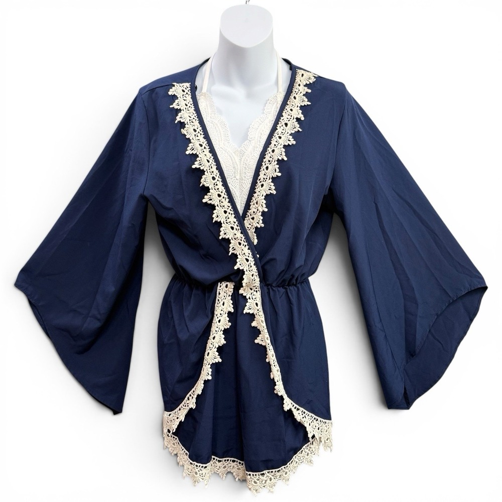 Cottagecore Bohemian Romper Navy‎ Lace Trim Sz L Crochet Babydoll Fairy Jumpsuit